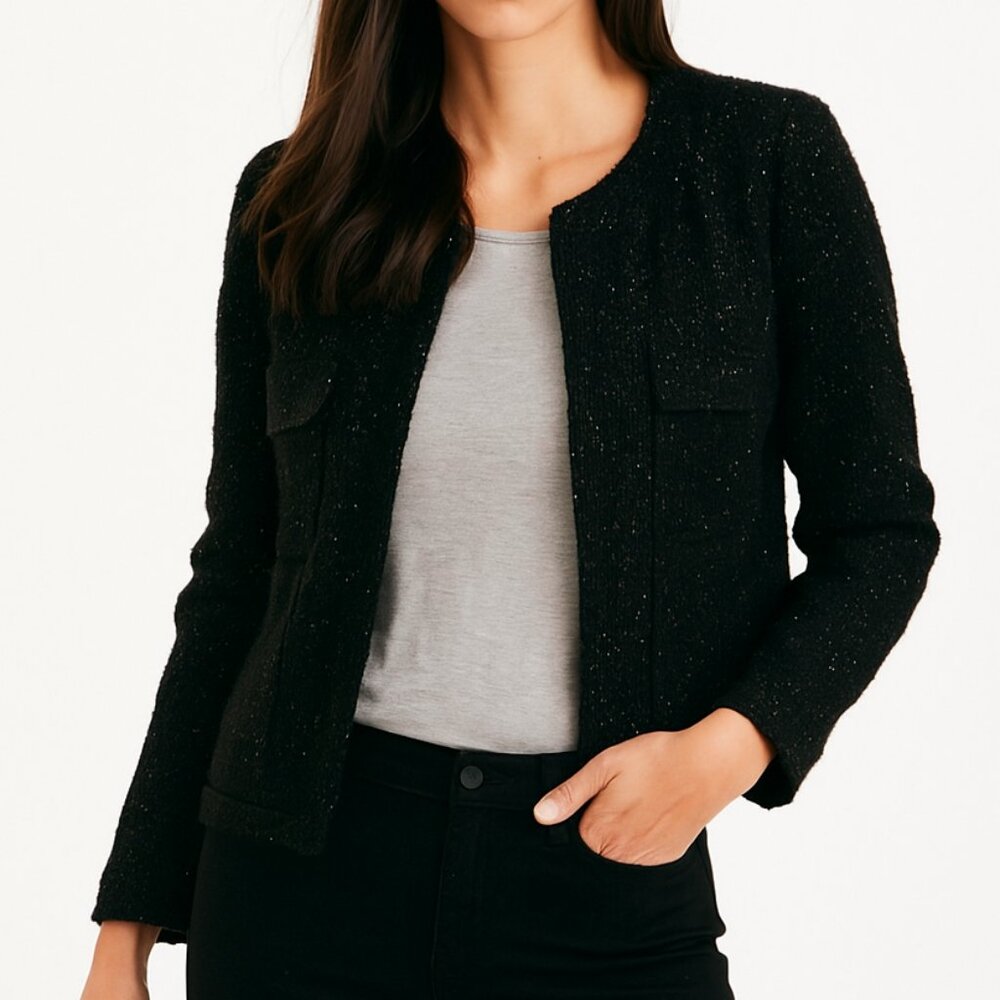 ✨ Cynthia Rowley Black Tweed Sparkle Open Jacket - Size M ✨